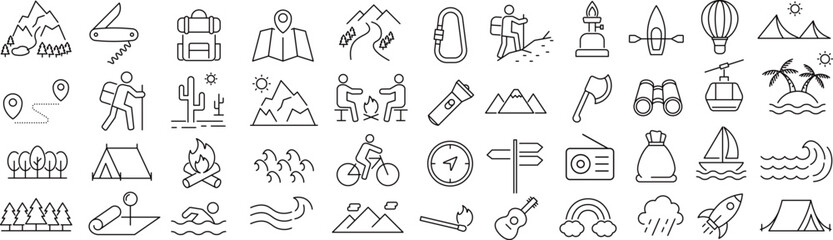 ベクターでモノクロの冒険に関する線画アイコンセット
