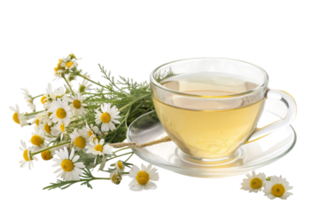 Glass cup of chamomile tea with fresh chamomile flowers isolated on transparent background