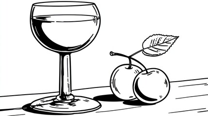Still life drawing of wine glass and cherries