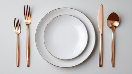 Elegant white oval plates with rose gold cutlery on a light gray background
