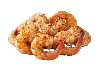 Delectable golden-brown salt and pepper shrimp, perfectly cooked, peeled, seasoned with salt, pepper, on pristine transparent background, ultra realistic studio photo, Concept for premium food