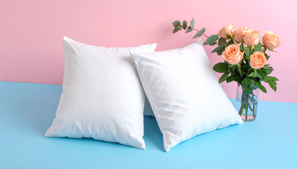 Cozy Pillow and Rose Delight: Two fluffy white pillows rest beside a delicate bouquet of soft roses in a transparent vase, creating a sense of relaxation and serenity.
