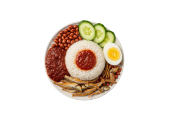 Nasi Lemak with coconut rice, sambal, anchovies, peanuts, cucumber, egg on transparent, top-down, ultra photorealistic, no shadows, appetizing food photography concept.