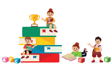 little kid reading book together with friend, vector and illustration