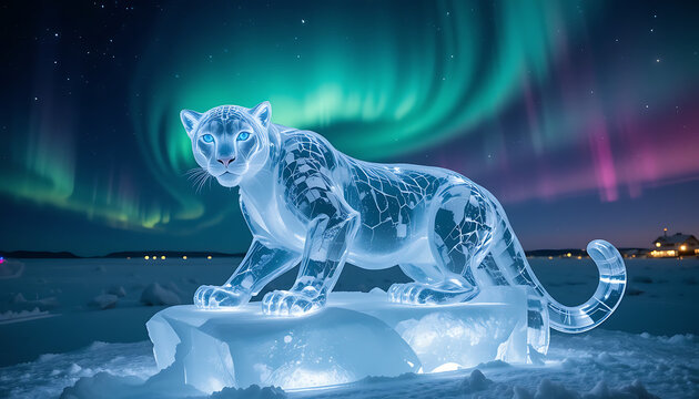 Majestic ice sculpture of a snow leopard standing on a block of ice illuminated by vibrant green and purple aurora borealis lights in a winter landscape at night