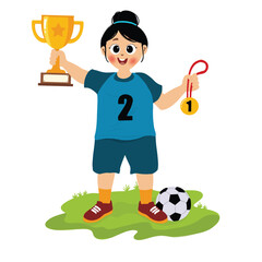 happy cute girl stands holding trophy and gold medal for winning football games