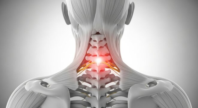 Posterior cervical spine anatomy with red glow at C6 nerve root compressed by disc bulge, ideal for illustrating cervical radiculopathy from disc herniation in medical and orthopedic visuals.