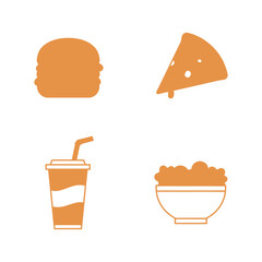 Four delicious fast food icons including a burger pizza soda and salad on a white background