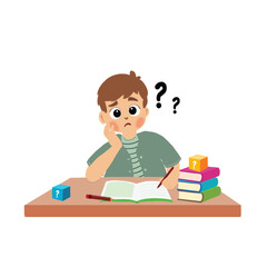 Have fun studying, cute boy confused and ask about the lesson. cute boy learning to read a book