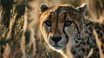 Cheetah in tall grass at dawn