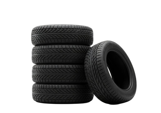 A stack of five new black car tires with a single tire leaning against the stack isolated on transparent background
