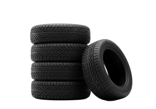 A stack of five new black car tires with a single tire leaning against the stack isolated on transparent background