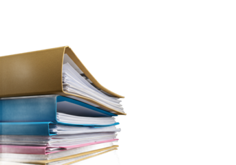 A stack of open and closed paper files and folders with documents inside isolated on transparent background