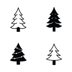 Four stylized christmas tree icons in black and white simple line art and silhouette designs