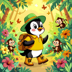 Fototapeta premium Cartoon penguin with a backpack walks in the forest
