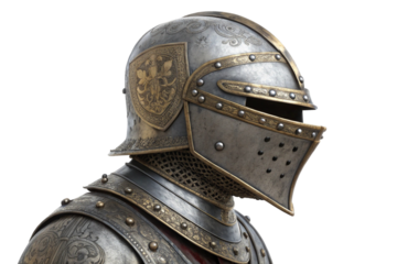 Detailed medieval knight helmet and armor isolated on transparent background