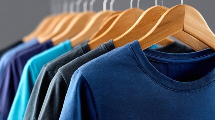 Obraz premium Colorful collection of t-shirts hanging on wooden hangers, showcasing various shades and textures, perfect for fashion retail display and clothing marketing purposes