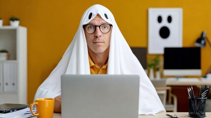 Man wearing a ghost costume made from a white sheet, sitting at a desk with a laptop, surrounded by office supplies, creating a humorous atmosphere in a modern workspace