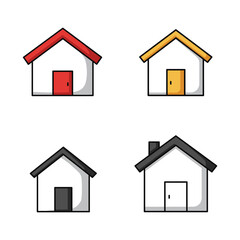 Collection of four simple cartoon house icons with different colored roofs and doors on a white background