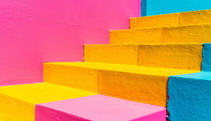 Chromatic Ascent: Boldly painted steps ascend in a vibrant interplay of colors, a visual feast that invites the viewer to climb towards creativity and innovation, in a modern architecture concept.