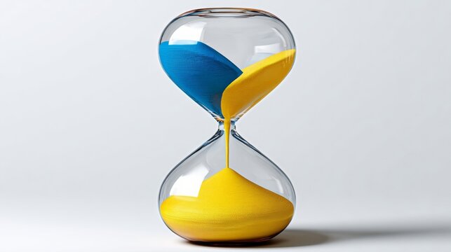 Colorful hourglass with blue and yellow sand, symbolizing the passage of time, featuring a sleek glass design, set against a minimalistic white background, creating a modern aesthetic for visual story