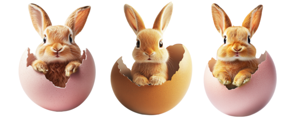Adorable fluffy bunny peeking out from cracked egg isolated on white transparent background. Symbolizing Easter, spring, and new beginnings