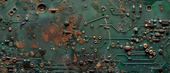 Old vintage retro circuit board close up broken damage engineering industry.