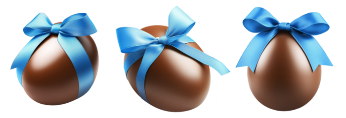 Glossy chocolate Easter egg tied with blue ribbon in bow, isolated on white transparent background. Festive and sweet holiday celebration concept