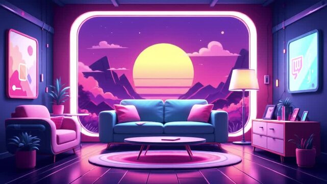 **Animated virtual background, cozy futuristic living room at sunset, stream overlay loop, vtuber asset for Twitch/Zoom/OBS, chill anime lo-fi hip hop vibe**
