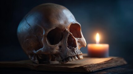 Obraz premium Memento Mori with Candlelight: A human skull, illuminated by the warm glow of a single candle, rests upon a weathered book, symbolizing mortality and the passage of time.