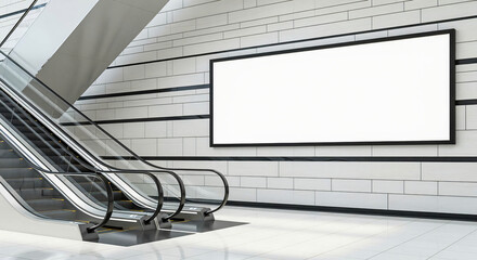 Fototapeta premium Blank Billboard Near Escalator in Modern Subway Station
