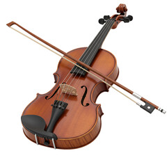 Fototapeta premium A classic wooden violin with a bow resting across its strings presented isolated on a transparent background isolated on transparent background