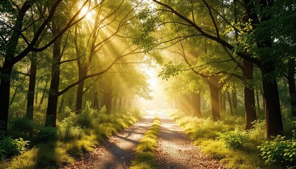 Fototapeta premium Sunlight streams through the dense canopy of a serene forest, illuminating a winding path leading into the unknown