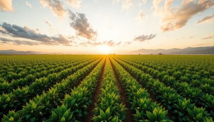 Sunrise over a lush crop field, lines of green plants stretch towards distant mountains under a sky of soft clouds