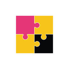 Four colorful puzzle pieces in pink yellow and black arranged in a square on a white background