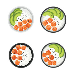 Four overhead views of delicious poke bowls filled with fresh salmon creamy avocado and white rice