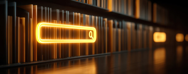 Glowing search bar illuminated among rows of books on a dark wooden shelf, representing digital technology and information access
