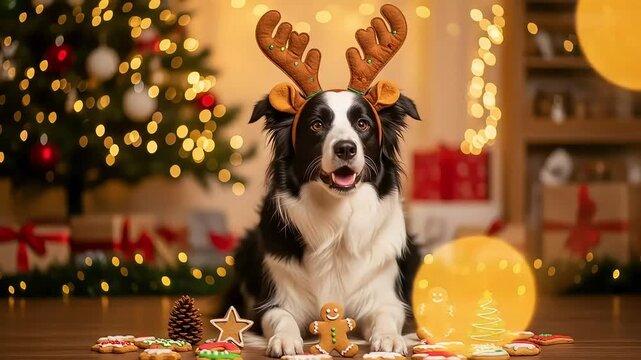 Festive Border Collie with Reindeer Antlers and Christmas Cookies