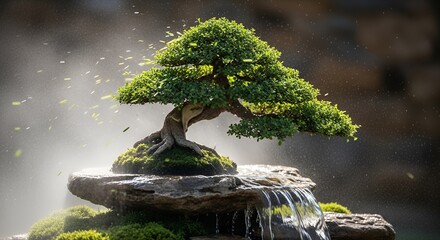 A Majestic Bonsai Tree Flourishing on a Mossy Rock Ledge, with a Miniature Waterfall and Sun-Kissed Mist








