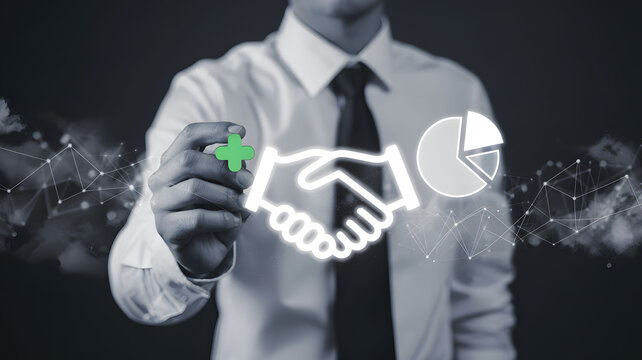 Businessman Adding a Plus Sign to a Handshake and Pie Chart, Symbolizing Healthcare Partnership and Growth