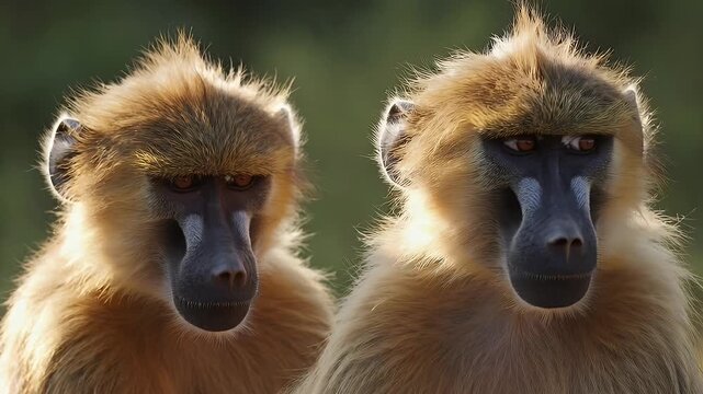 Two yellow baboons gaze intensely toward viewer beautifully lit 4K wildlife portrait capturing emotion intelligence animal behavior close up rich texture natural