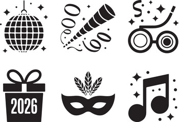 Obraz premium Celebrate New Year 2026 with party icons and festive sparkle