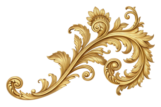 Ornate golden baroque flourish scrollwork isolated on transparent background