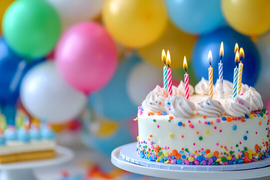 birthday party balloons, colourful balloons background and birthday cake with candles