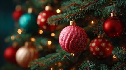 Fototapeta premium Festive Holiday Ornaments: A collection of colorful Christmas ornaments adorn a lush evergreen tree, creating a sense of joy and anticipation for the holiday season.