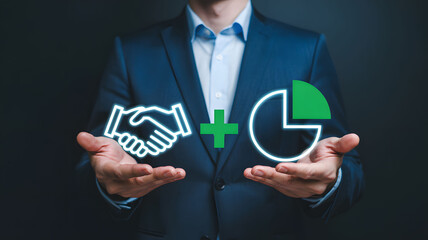 Businessman Presenting Partnership Growth Concept with Handshake and Pie Chart
