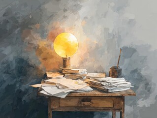AI, a glowing orb floating above a wooden desk cluttered with academic papers, emanating light, symbolizing enlightenment, watercolor effect, moody and scholarly ambiance