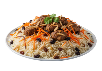 Kabuli Pulao with lamb, raisins, carrots, almonds, cilantro on platter, seamless gray studio background, ultra-realistic UHD food photography. Concept of culinary excellence
