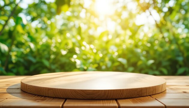 A sunlit wooden table with a round platform offers a natural setting, framed by a vibrant, lush, green botanical background
