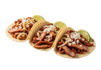 Three ultra-realistic Tacos Árabes with adobada pork, grilled onions, pan árabe, and lime, on a clean transparent background with bright studio lighting, commercial food concept
